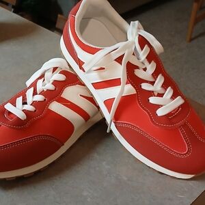 Vibrant Red and White Lace-Up Sneakers